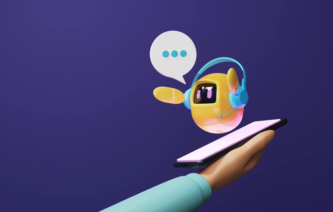 Yellow robot with bright conversational technology and smart pho